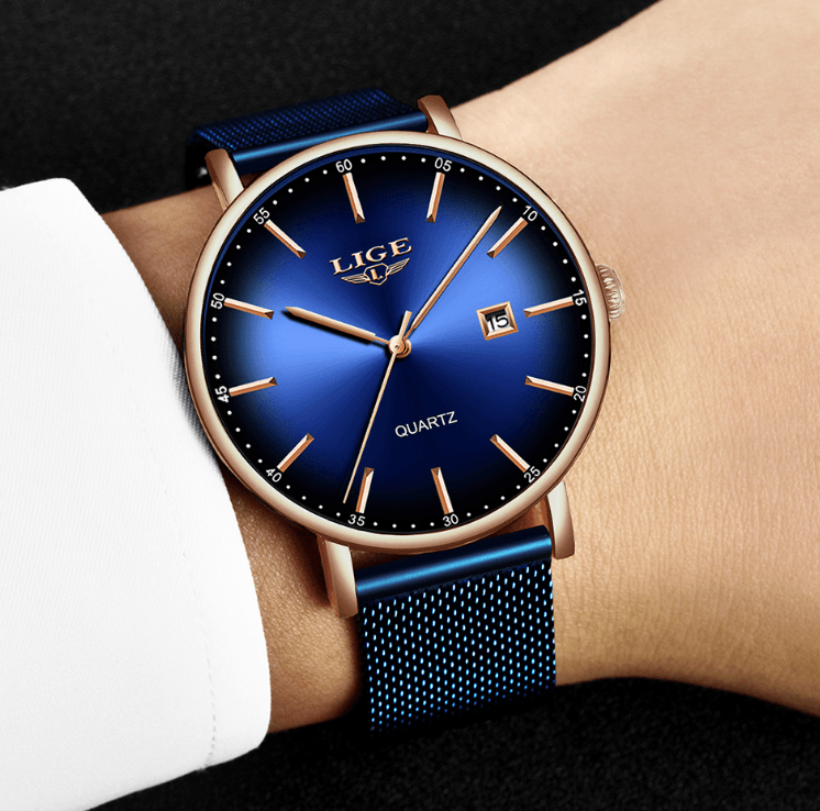 LIGE Men's Elegant Stainless Steel Dress Watch with Date Display