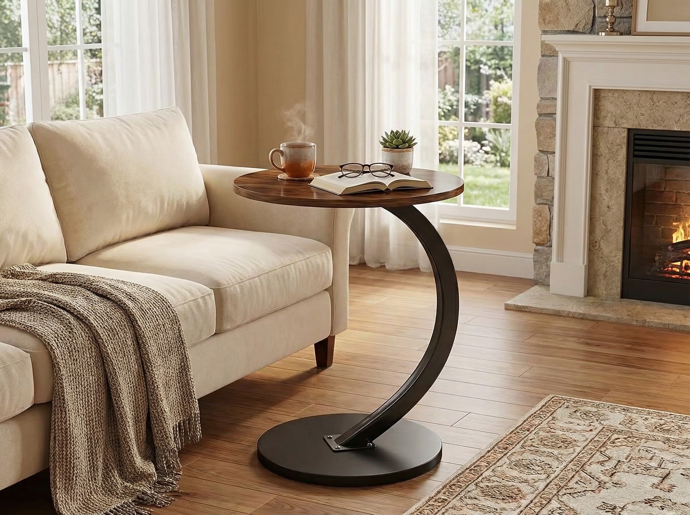 Modern Round Side Table with Wrought Iron Base for Living Room
