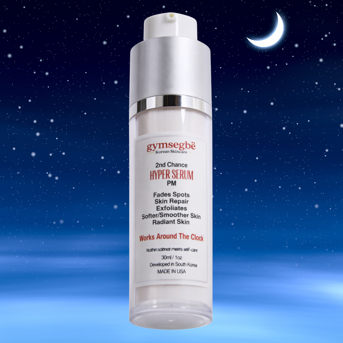 Second Chance Hyper Serum PM in a minimalist white and silver bottle, 30ml size.