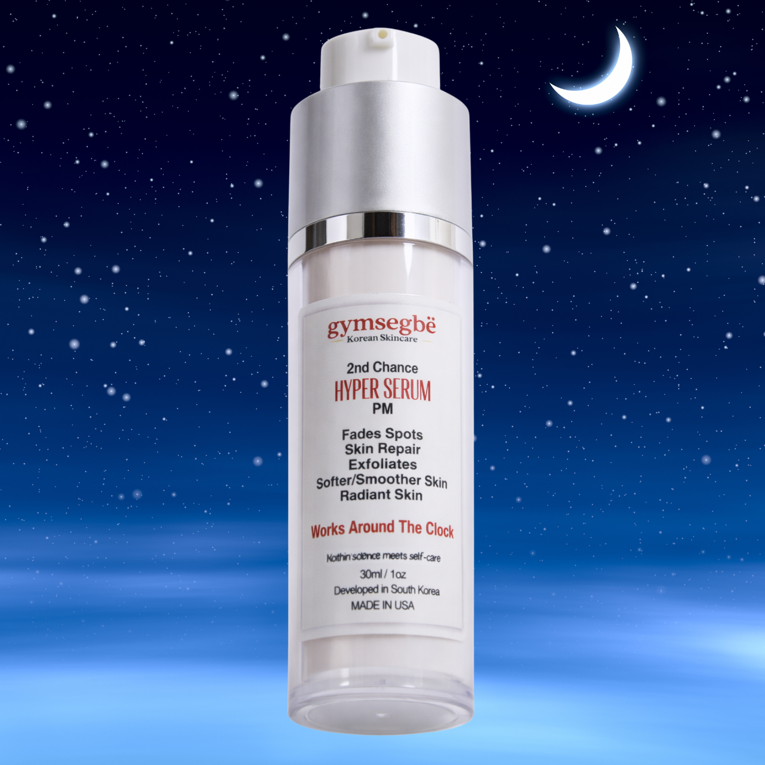 Second Chance Hyper Serum PM in a minimalist white and silver bottle, 30ml size.