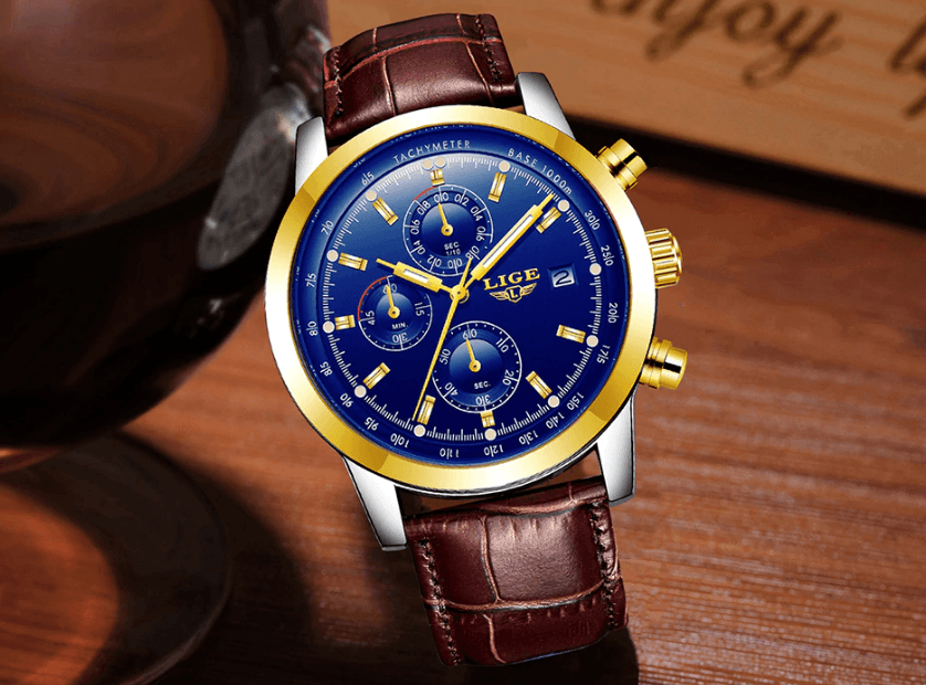 Waterproof Men's Quartz Watch with Chronometers and Brown Strap