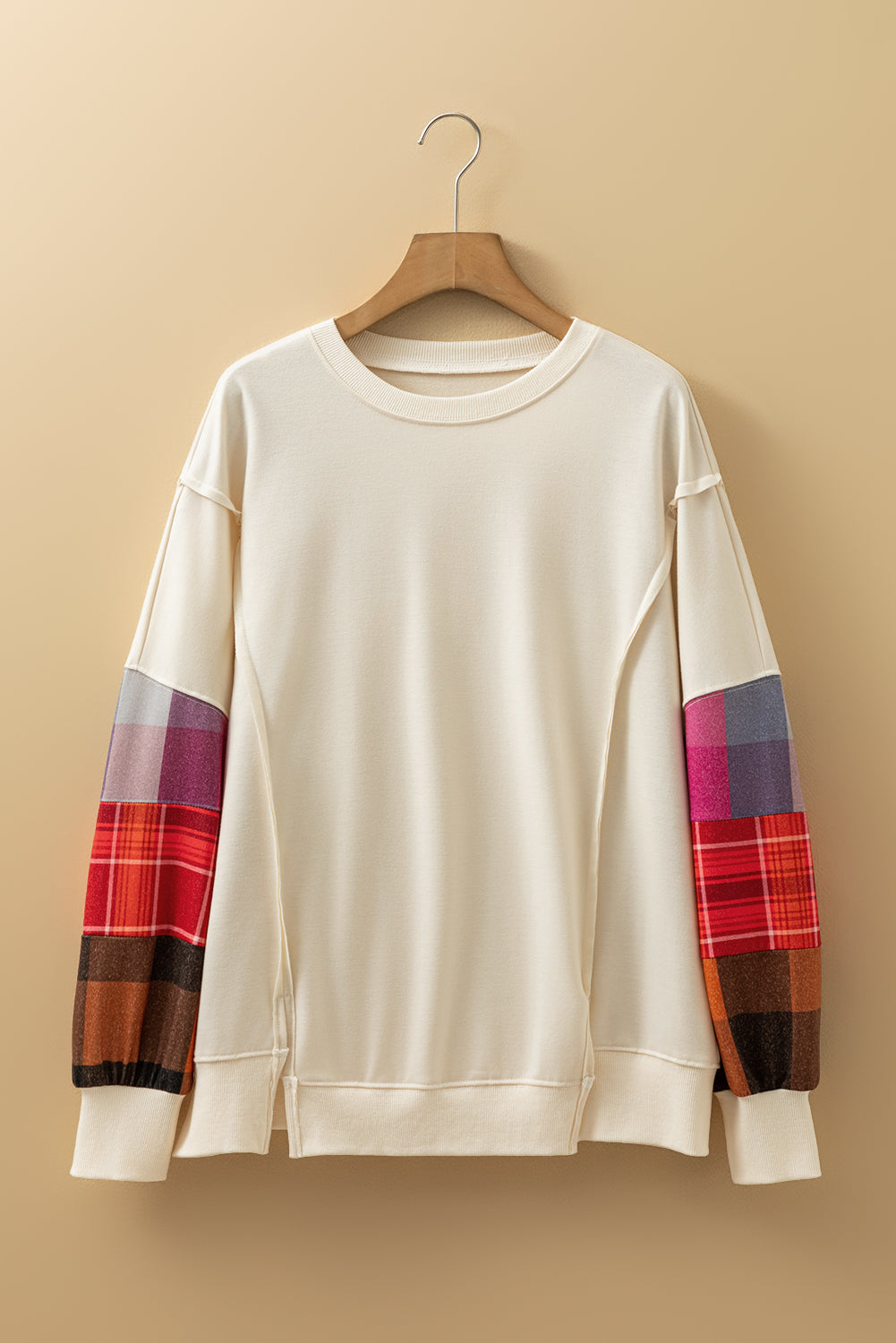 Plaid Patchwork Long Sleeve Exposed Seam Top