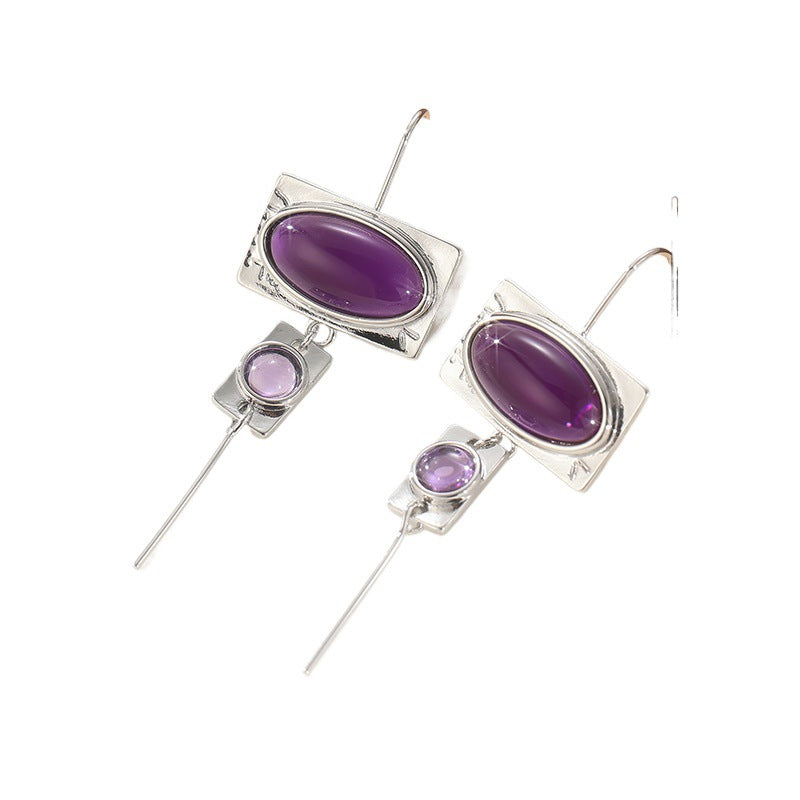 Vintage Purple Oval Stone Geometric Drop Earrings Silver Tone Brass Women Boho Daily Fashion Jewelry