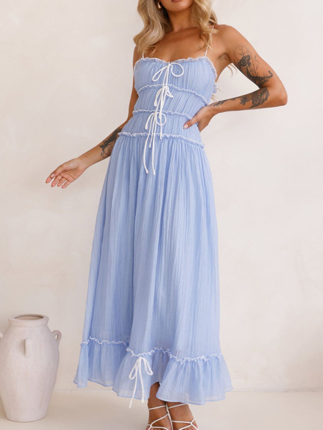 Girls Vintage Ruffled Hem Midi Dress with Tied and Ruched Detail
