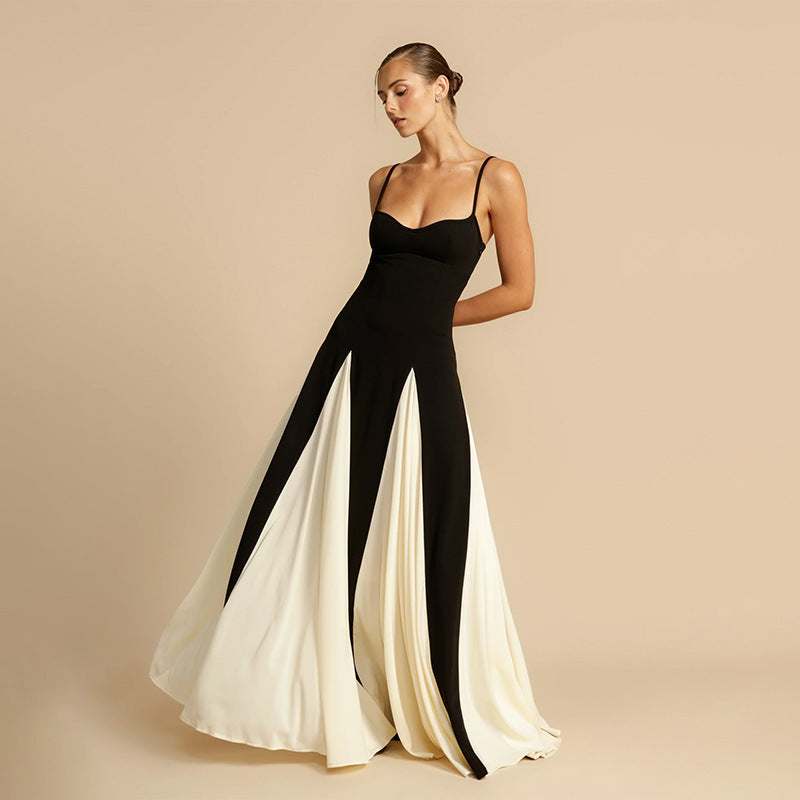 Color Contrast Maxi Sling Dress: Minimalist Black & Cream A-Line