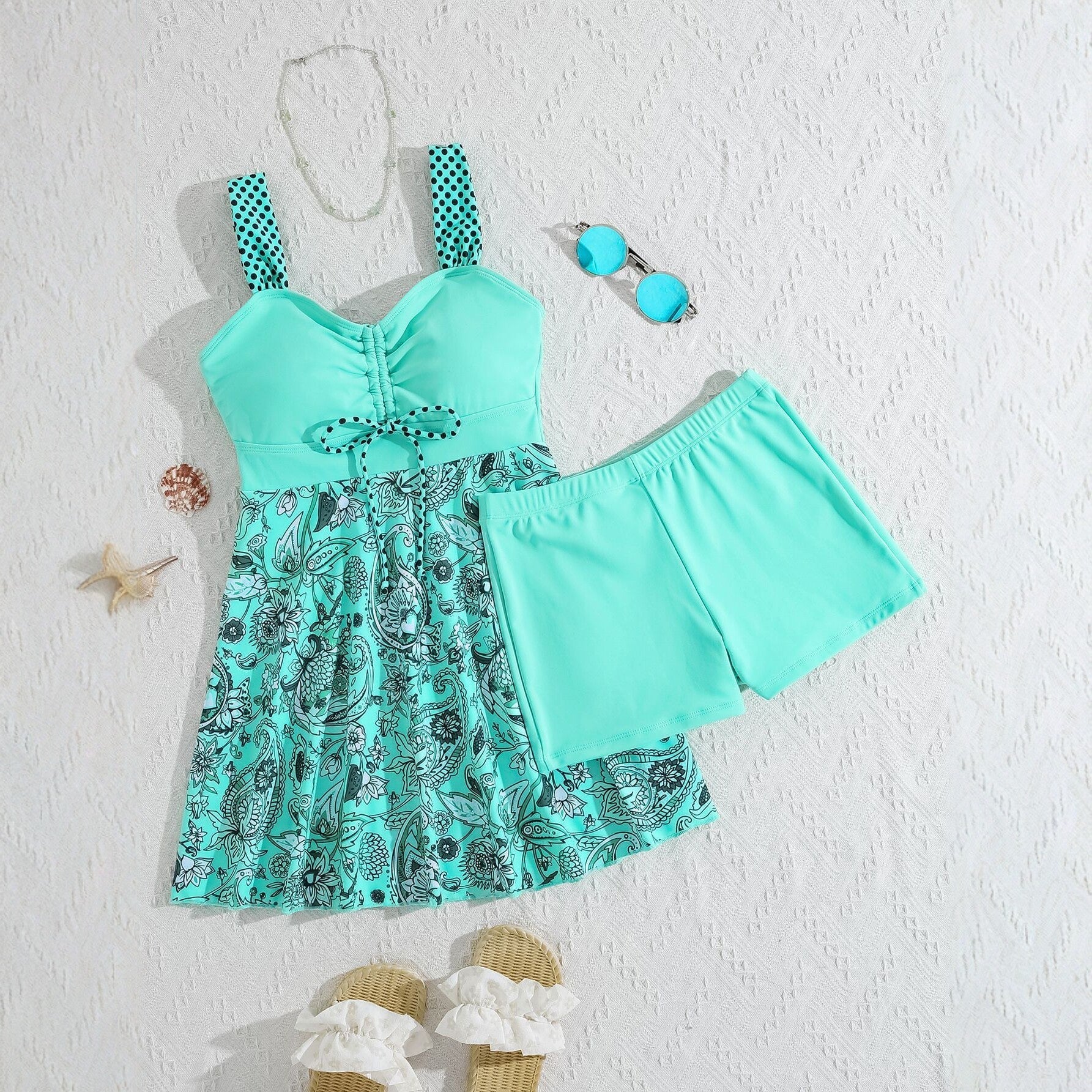 Women's Turquoise Paisley Print Dress-Style One-Piece Swimsuit - Image 4