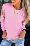 Pink Long Sleeve Sequin Round Neck Pullover Top
