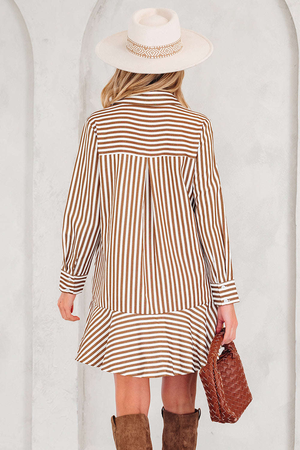 Yamileth Long Sleeve Striped Shirt Mini Dress with Ruffled Hem