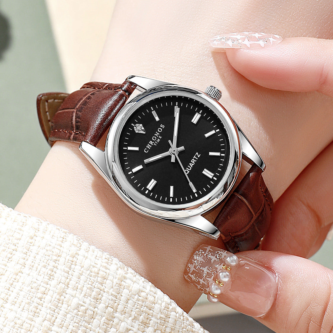 Womens Fashion Wristwatch With A Genuine Leather Strap And Luminous Quartz Movement