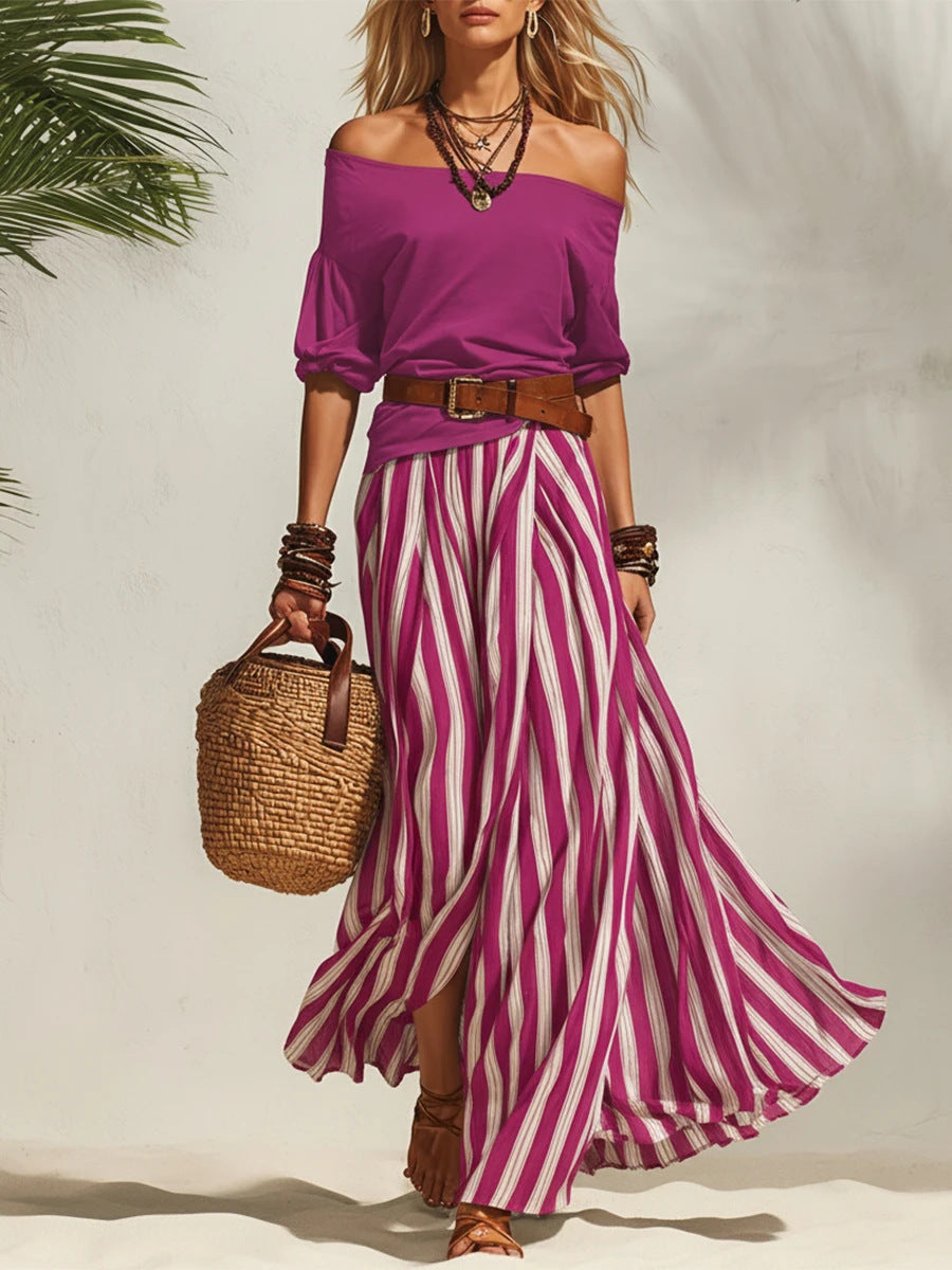Women Off-Shoulder Top and Striped Slit Maxi Skirt Set