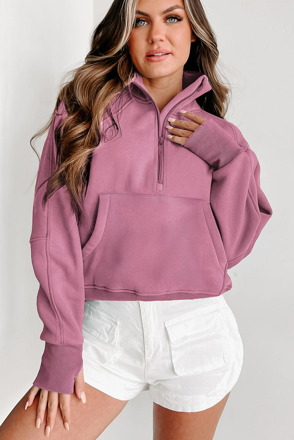 Solid Fleece-Lined Half-Zip Up Collar Sweatshirt