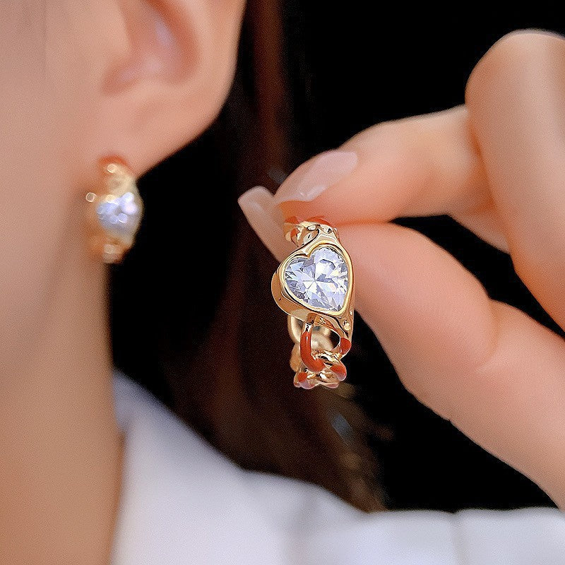 Womens Retro Enamel Heart Rhinestone Twisted C Shaped Hoop Earrings,Costume Earrings For Daily Party Wear
