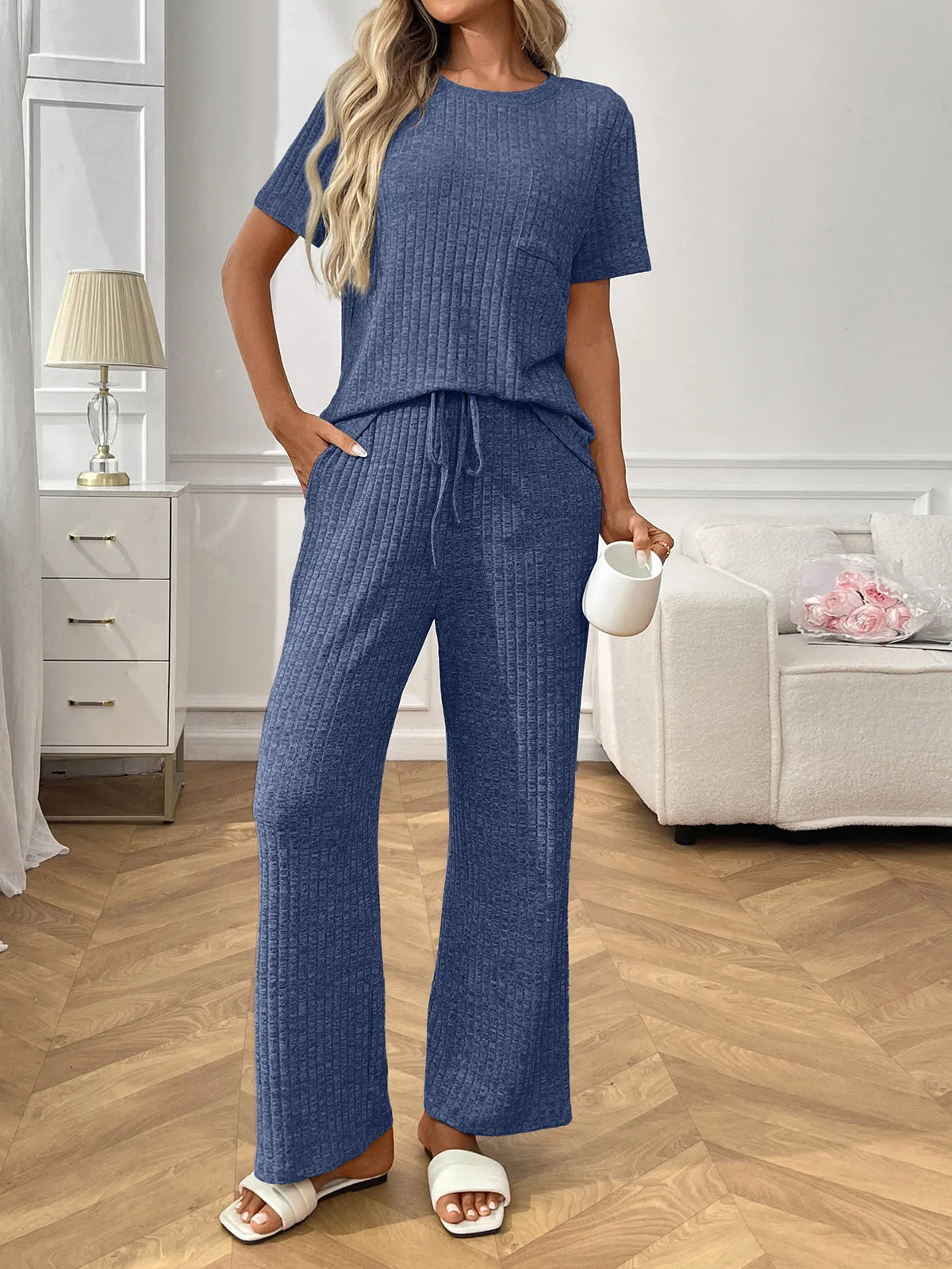 Ribbed Knit Short Sleeve Top and Pants Lounge Set