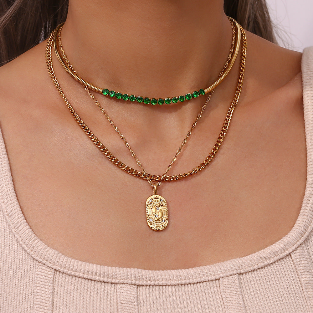 European And American Ins Fashion Minimalist Retro Pendant Jewelry Stainless Steel Cast Oval Brand Zircon Constellation Necklace