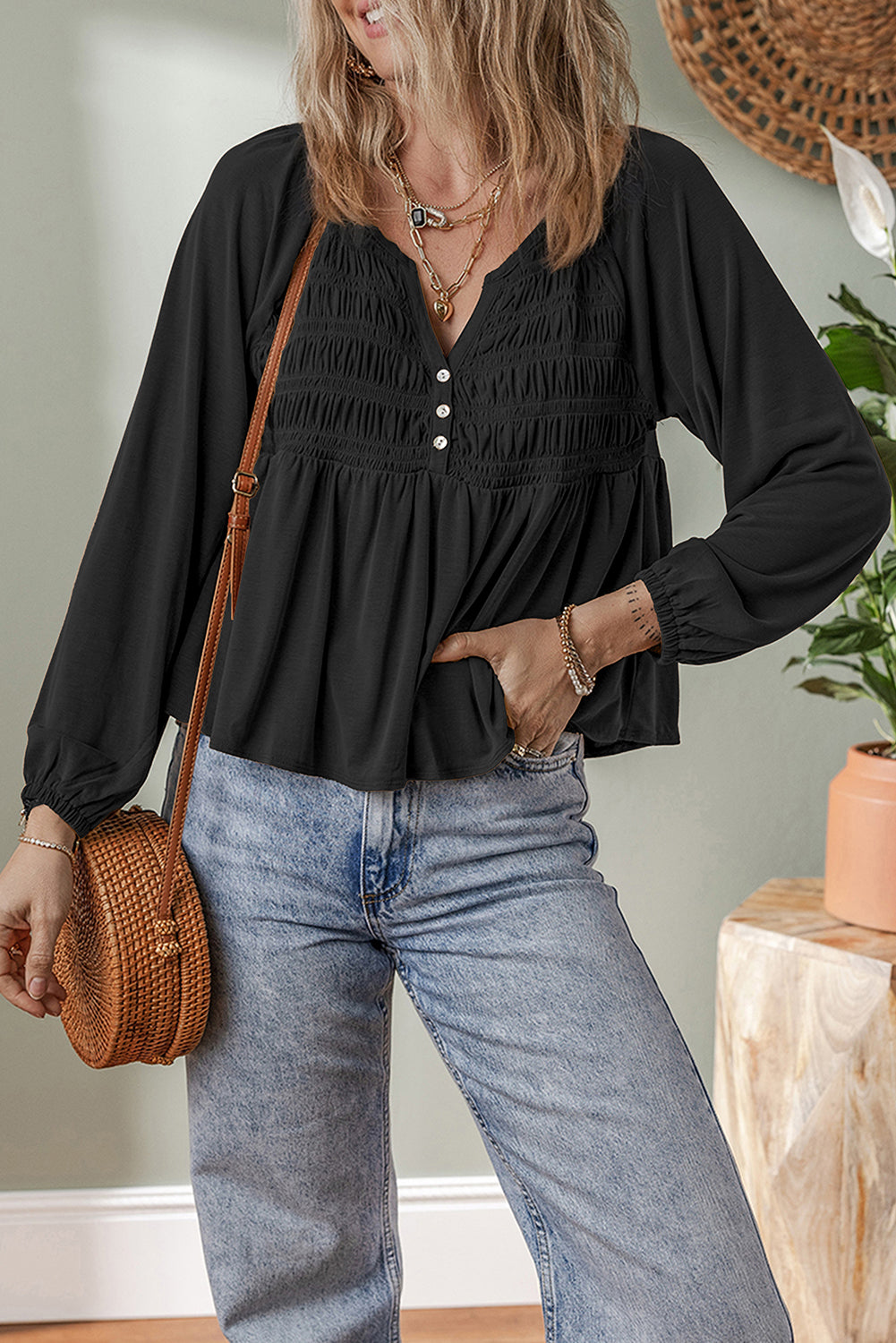 Solid Smocked Split V-Neck Buttoned Blouse