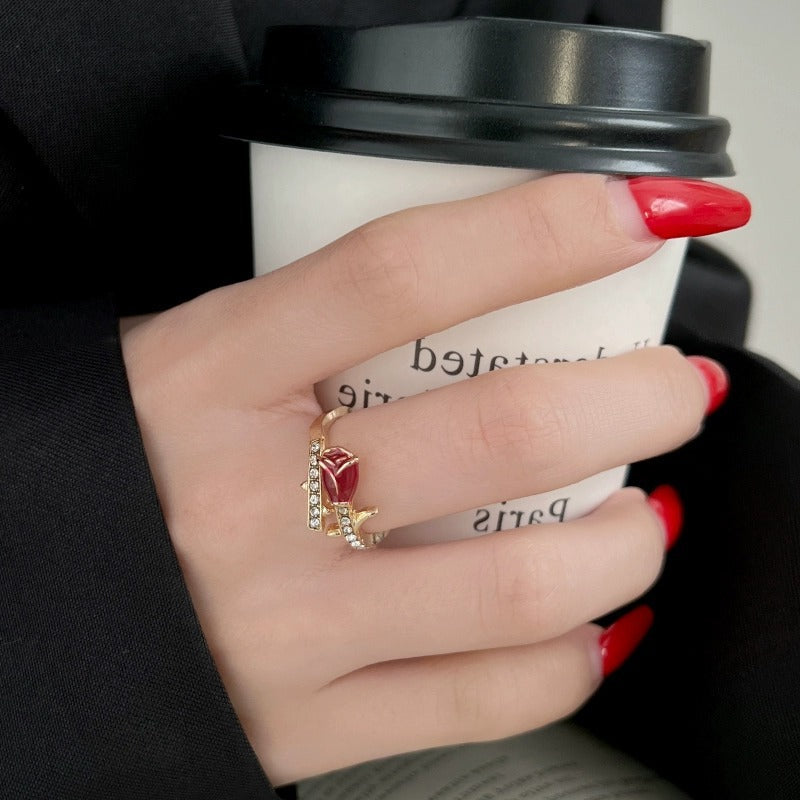 Enamel Red Rose Ring For Women, Light Luxury New Year Index Finger Ring, Open Adjustable Niche Design Delicate Ring