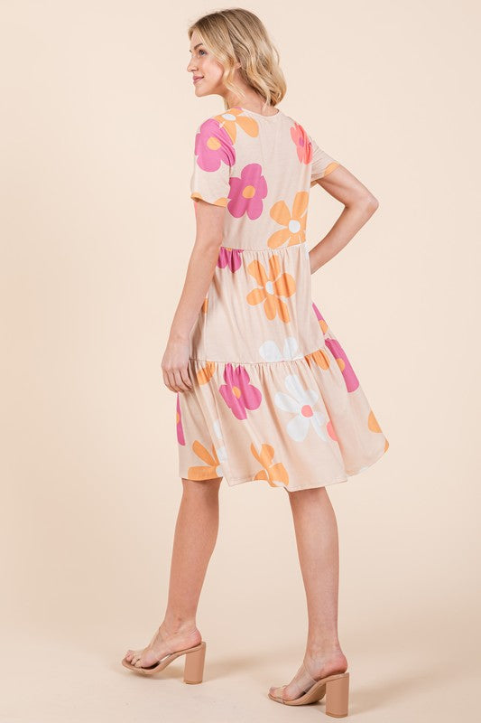 Floral Round Neck Short Sleeve Tiered Mini Dress