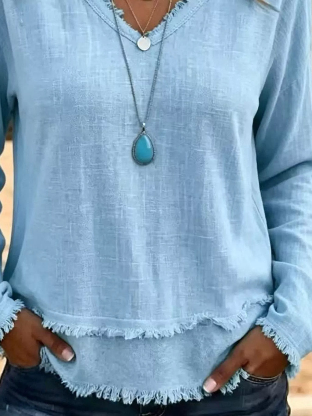 V-Neck Frayed Hem Long Sleeve T-Shirt