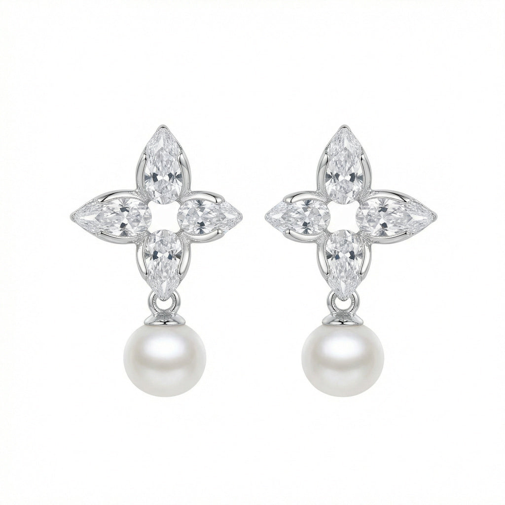 925 Sterling Silver Elegant Floral Marquise Cluster Pearl Drop Earrings