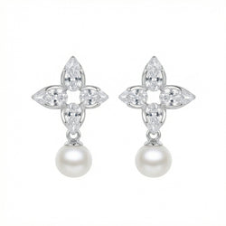 925 Sterling Silver Elegant Floral Marquise Cluster Pearl Drop Earrings
