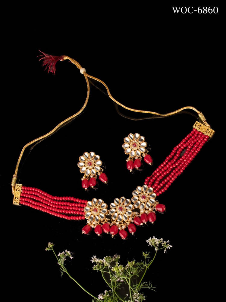 Red Beaded Pearl Gold-Polished Necklace Set for Women