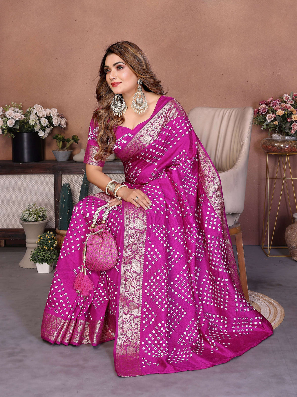 Magenta Pure Dola Silk Handmade Bandhej Saree