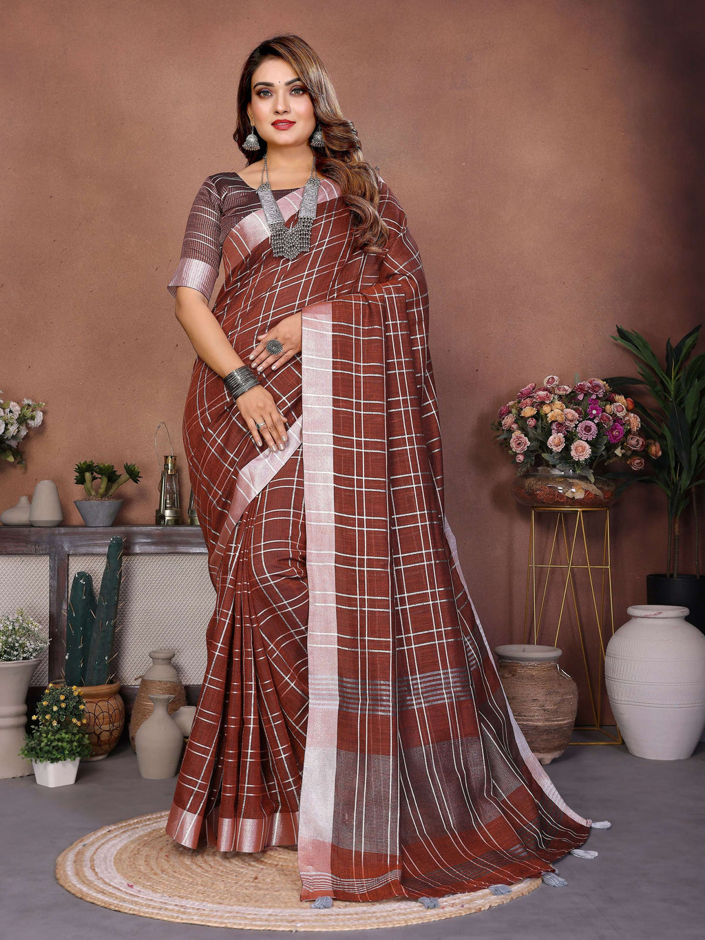 Brown linen saree with woven texture for a natural and breathable look