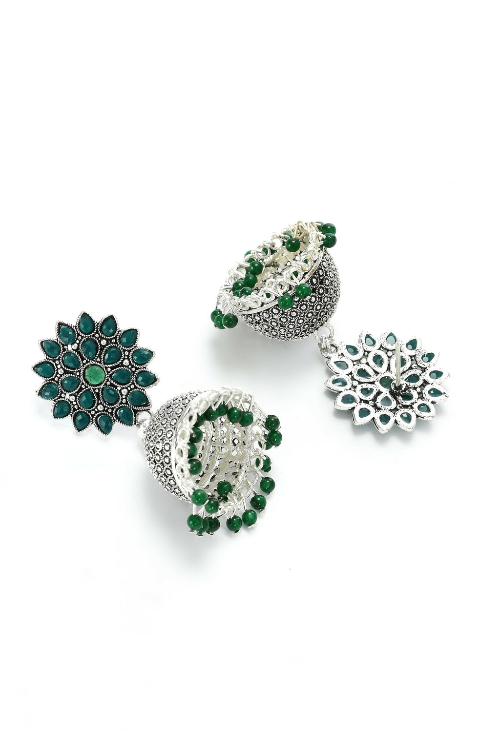 Joharkamal Kundan Jhumka Earrings with Green Beads, Silver-Plated