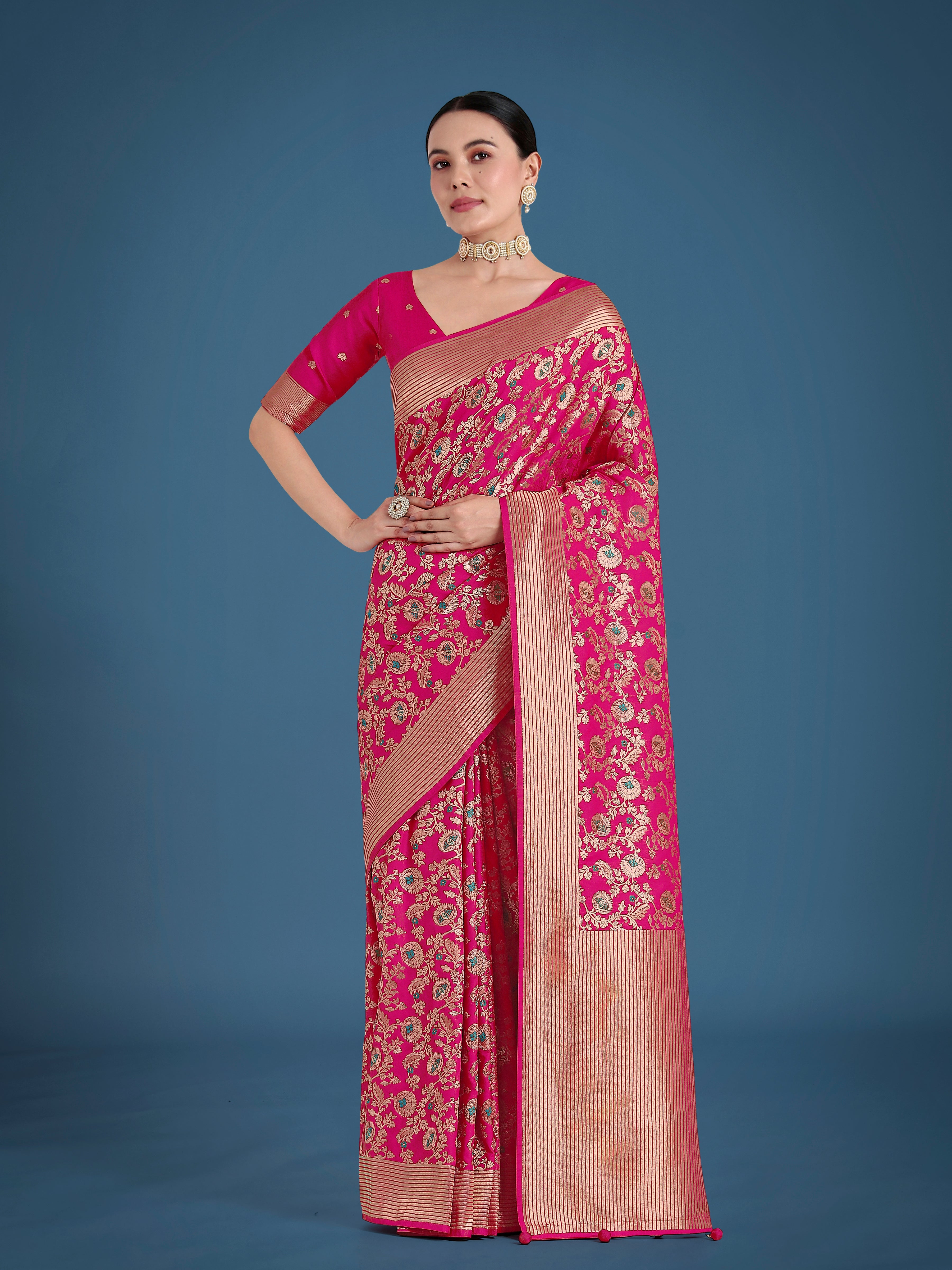 Rani Pink Banarasi Silk Saree with gold zari woven zaal pattern