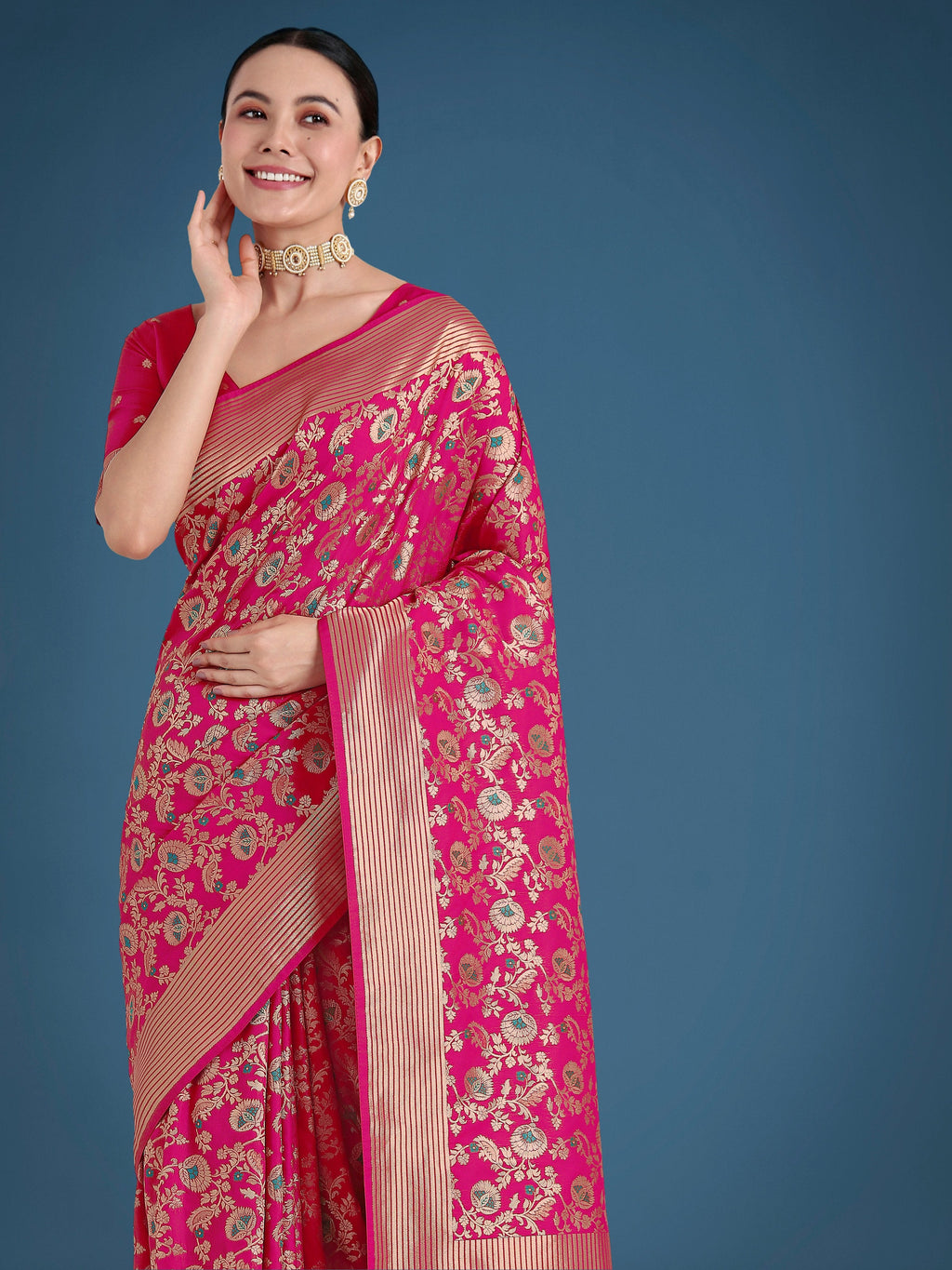 Rani Pink Banarasi Silk Zaal Pattern Traditional Saree