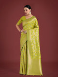 Vibrant Parrot Green Banarasi silk saree with traditional woven Zaal pattern