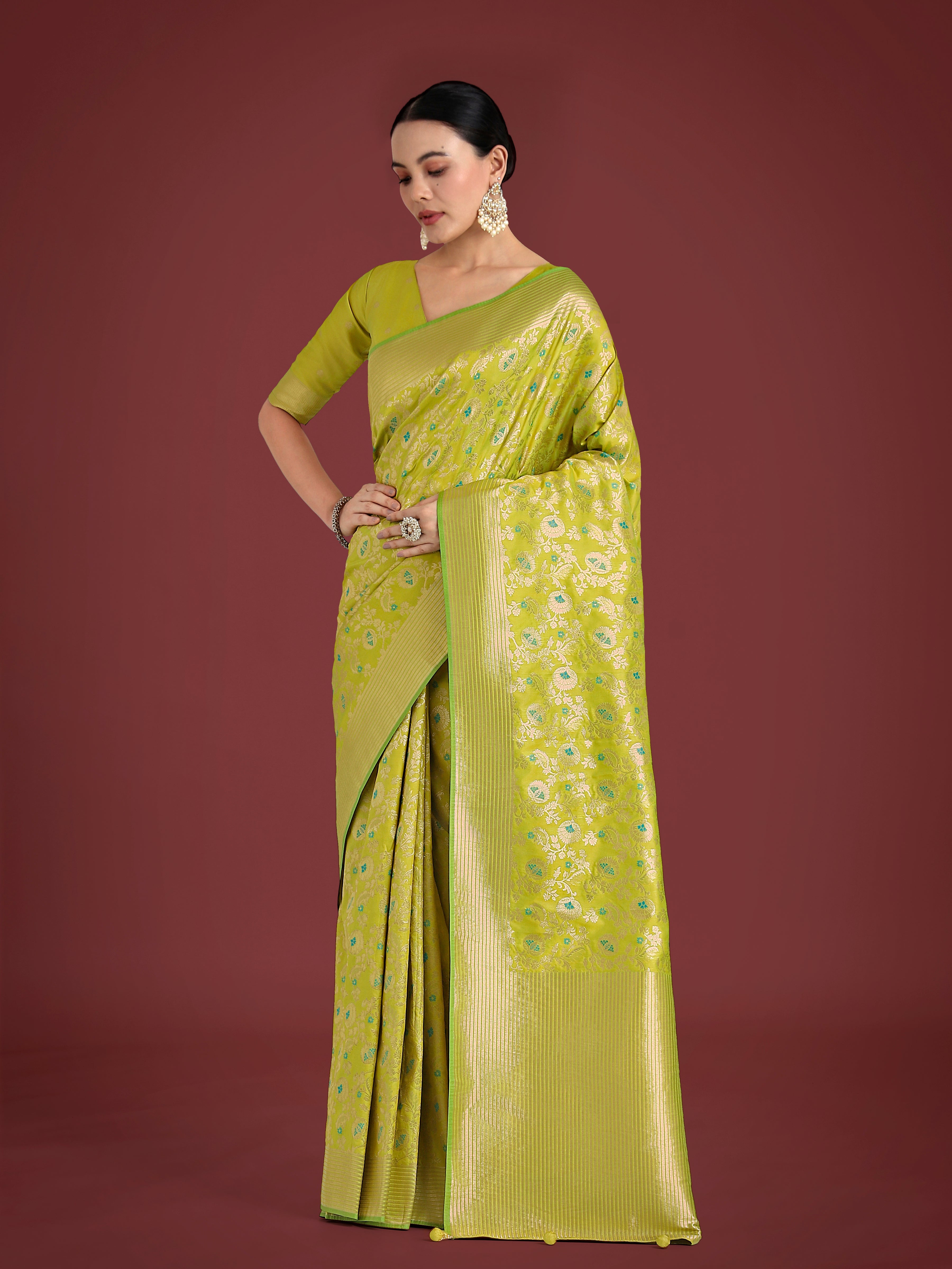 Vibrant Parrot Green Banarasi silk saree with traditional woven Zaal pattern