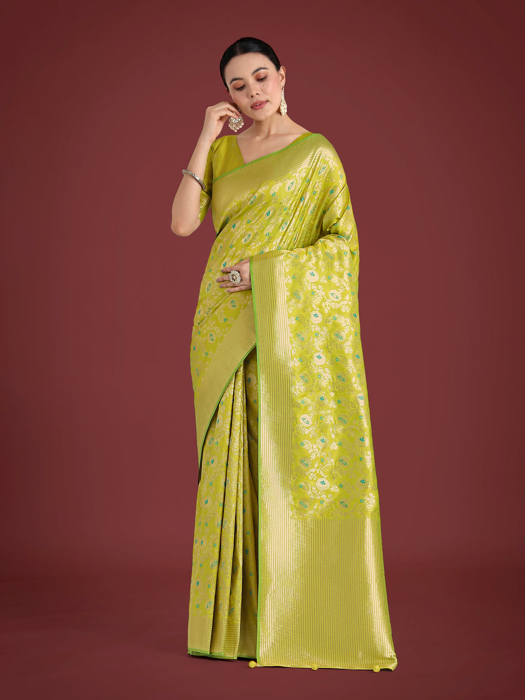 Parrot Green Banarasi Silk Saree with Traditional Zaal Pattern