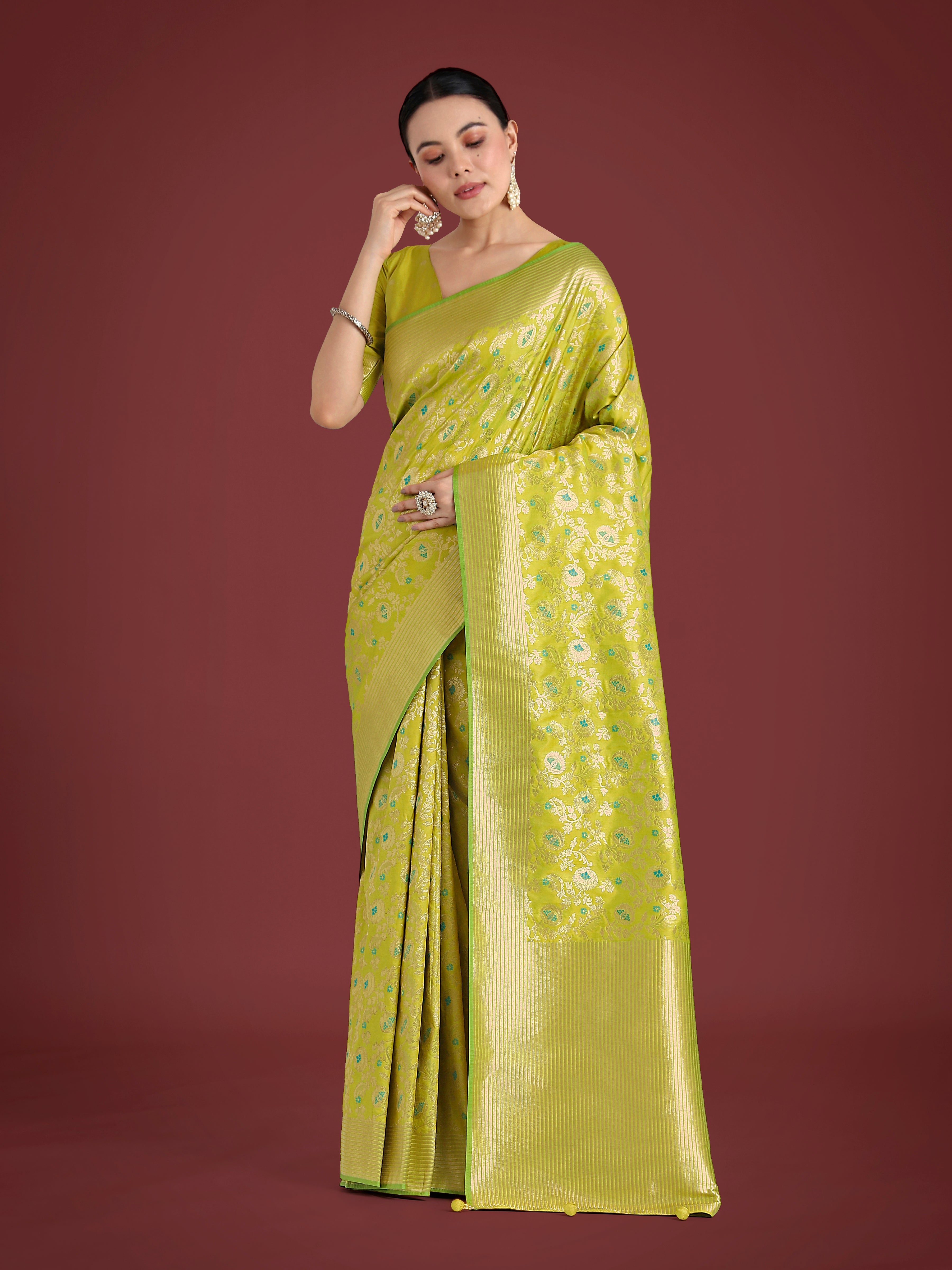 Parrot Green Banarasi Silk Saree with Traditional Zaal Pattern