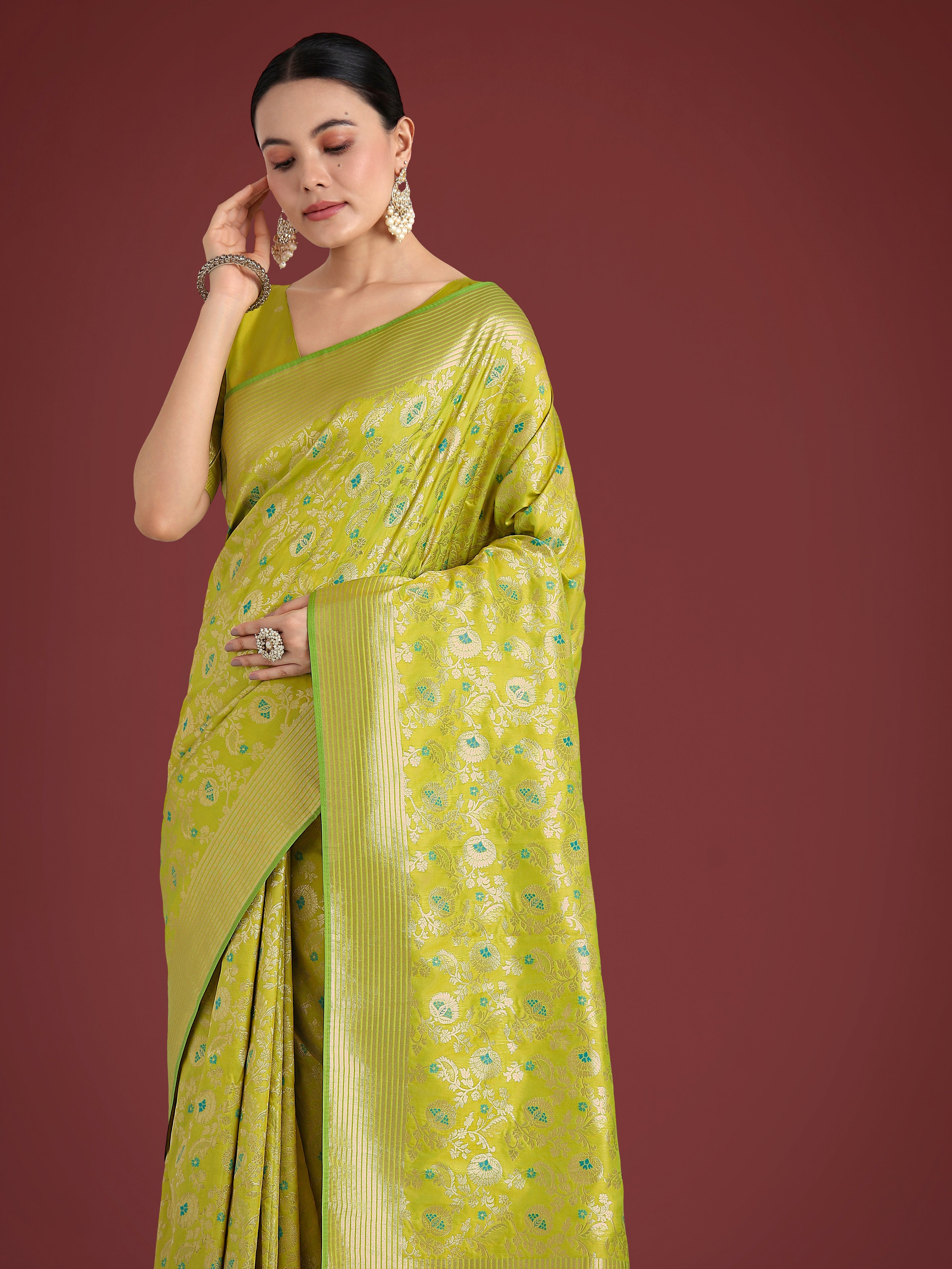Parrot Green Banarasi Silk Saree with Traditional Zaal Pattern
