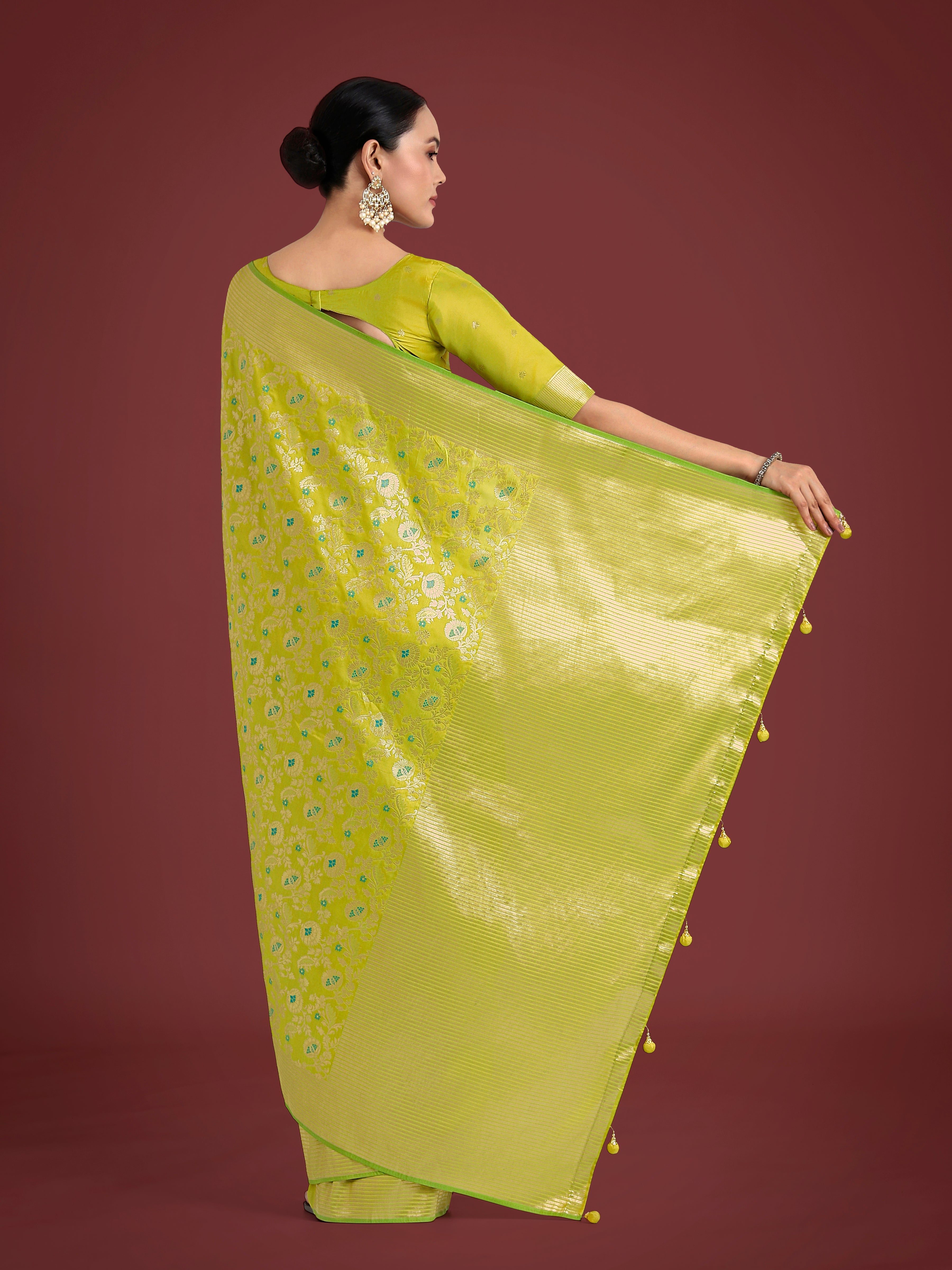 Parrot Green Banarasi Silk Saree with Traditional Zaal Pattern