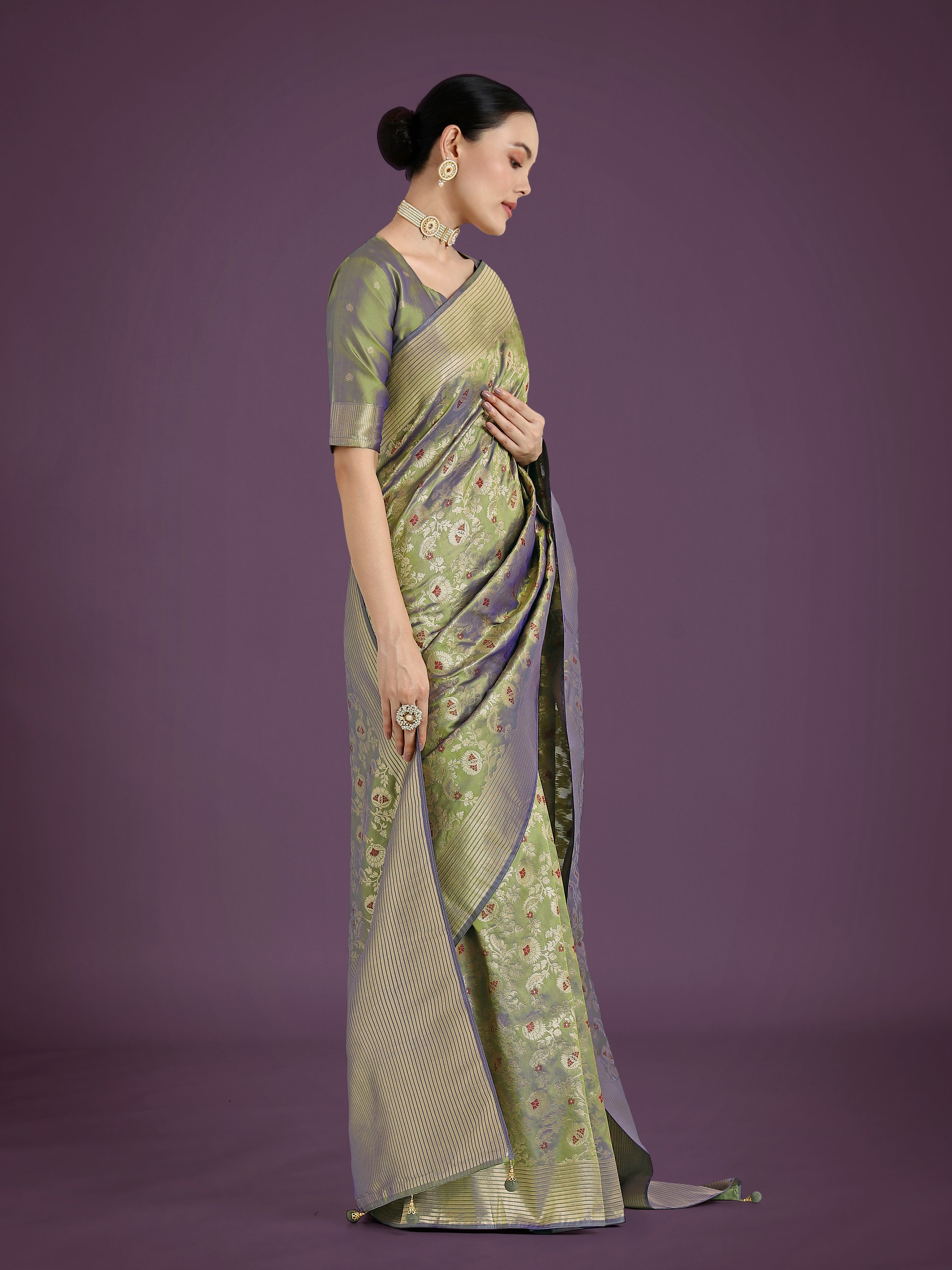 Olive Banarasi Silk Traditional Saree with Intricate Zaal Pattern