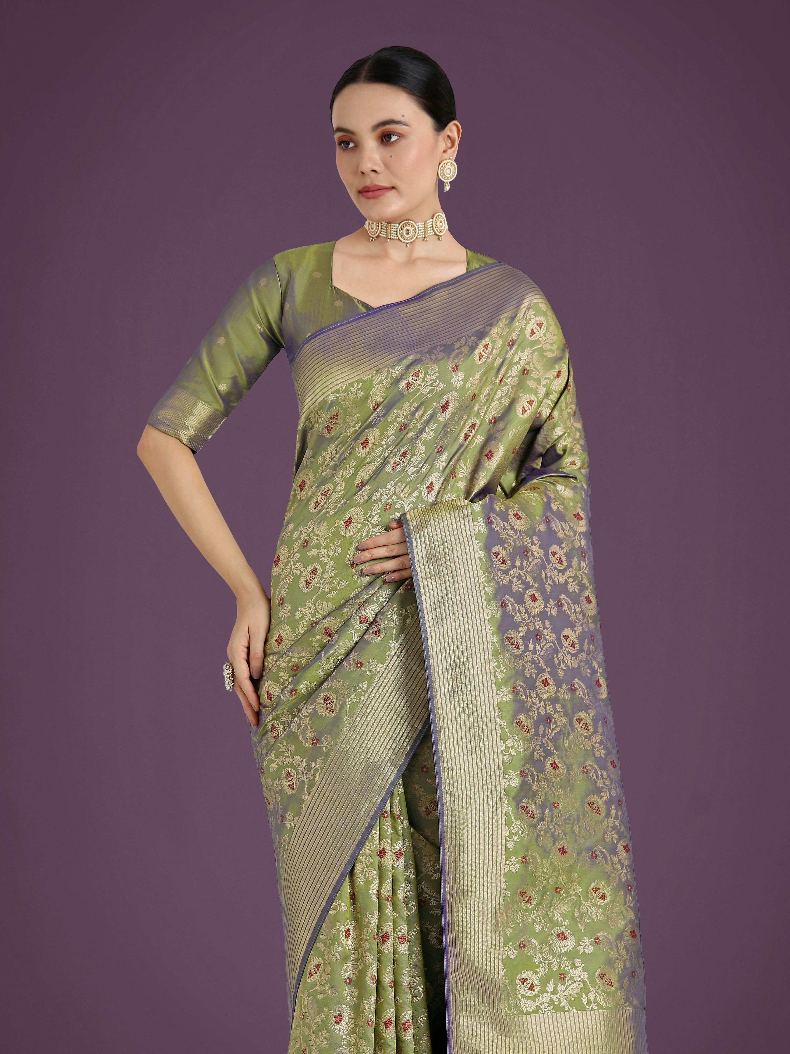 Olive Banarasi Silk Traditional Saree with Intricate Zaal Pattern