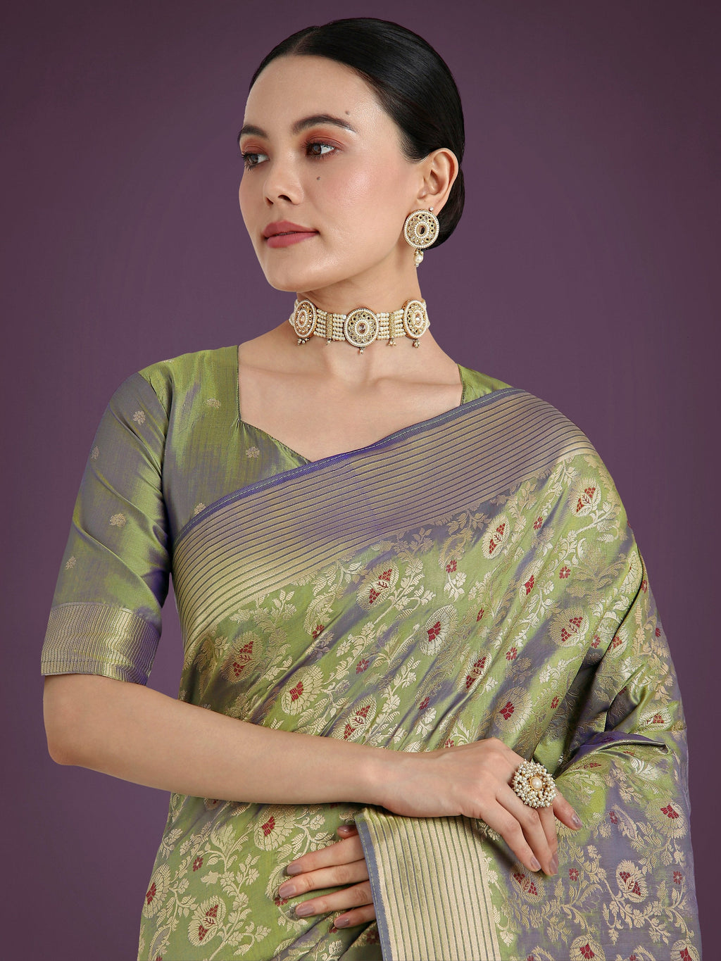 Olive Banarasi Silk Traditional Saree with Intricate Zaal Pattern