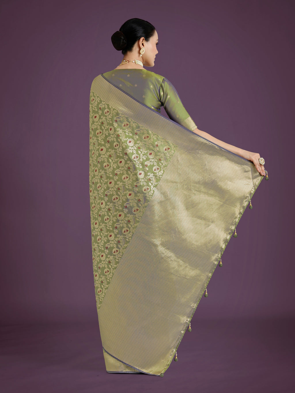 Olive Banarasi Silk Traditional Saree with Intricate Zaal Pattern