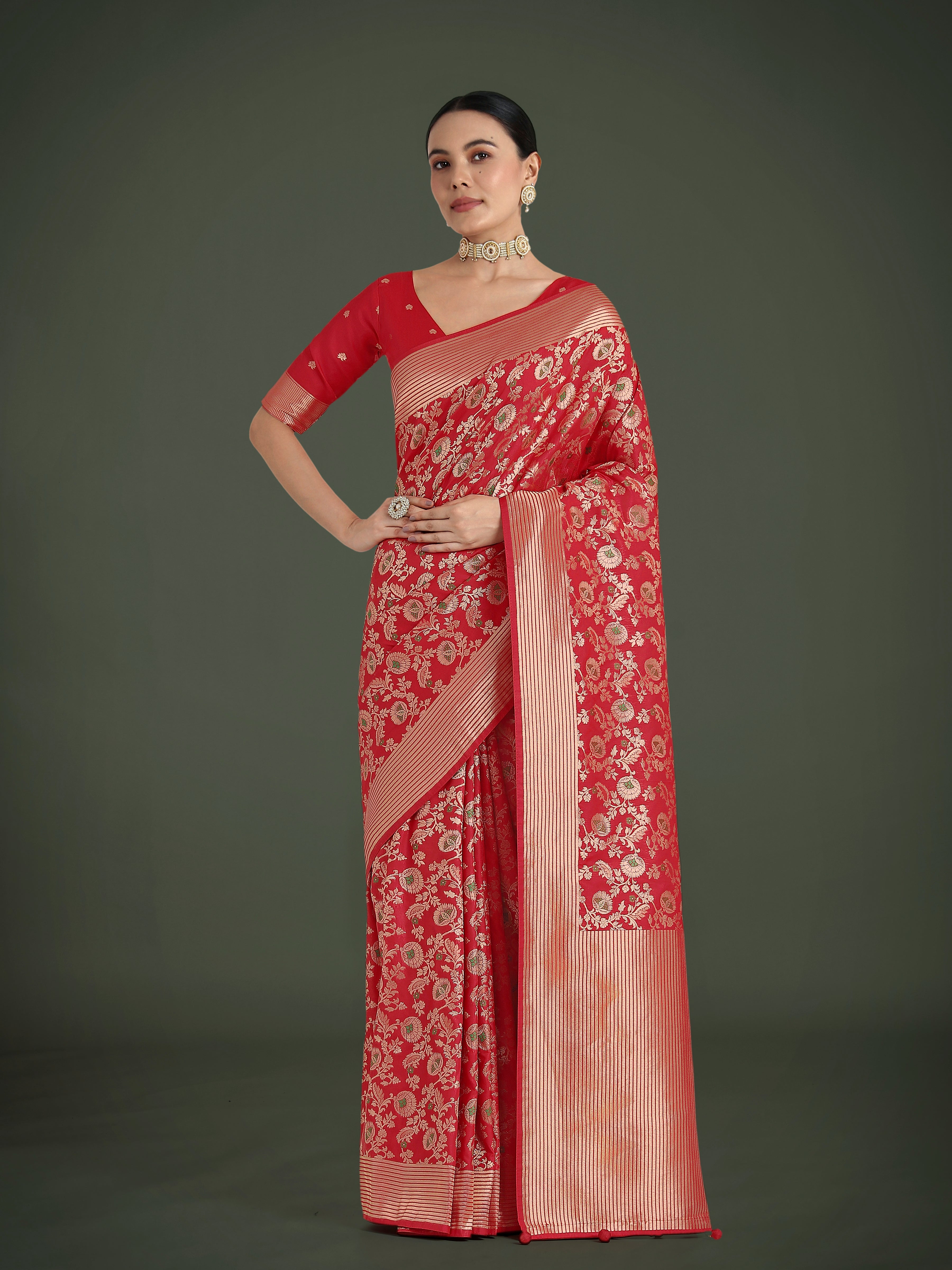 Monjolika Fashion Banarasi Silk Red Zaal Pattern Traditional Saree