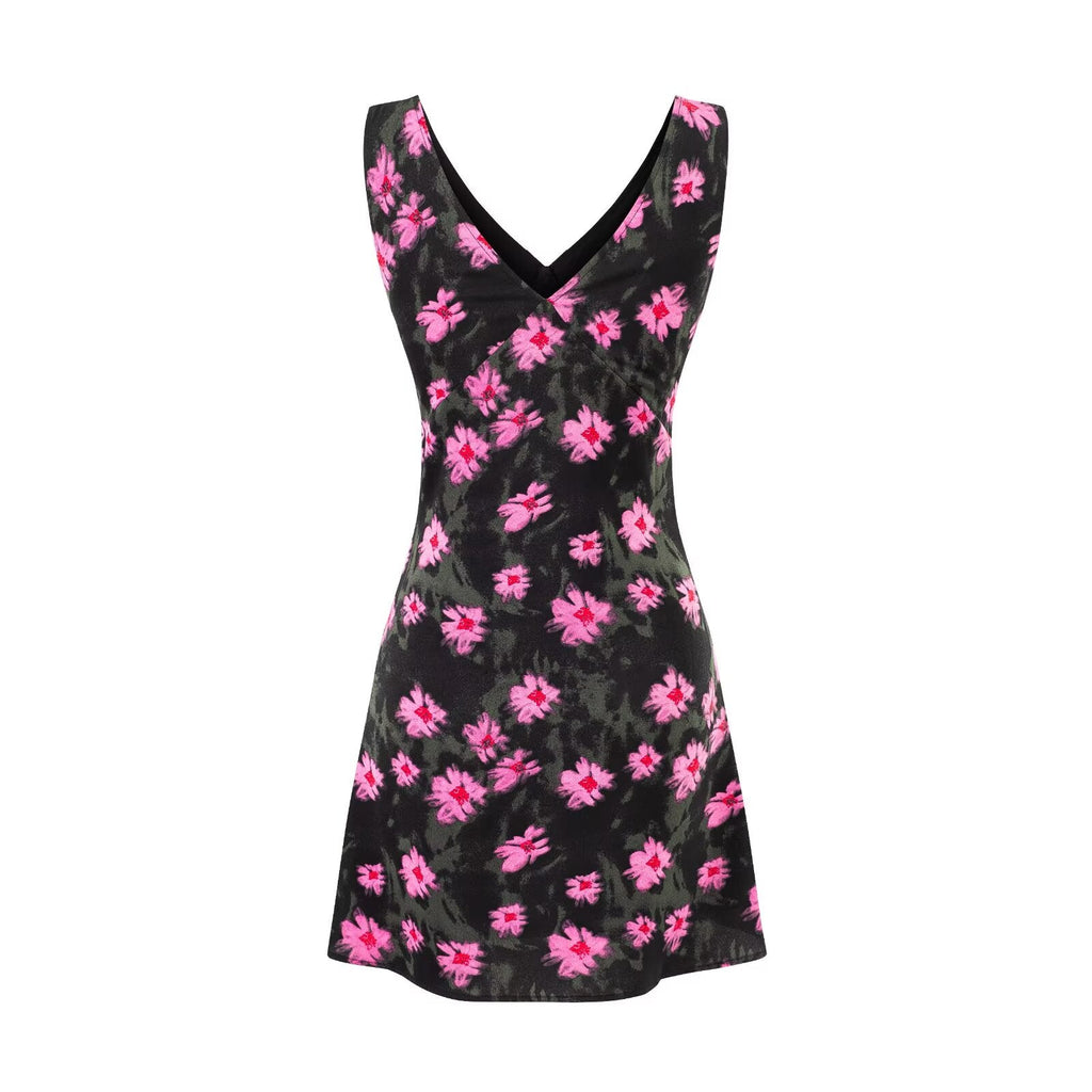 Summer Vacation Casual Tight Waist Sexy V neck Printed Dress