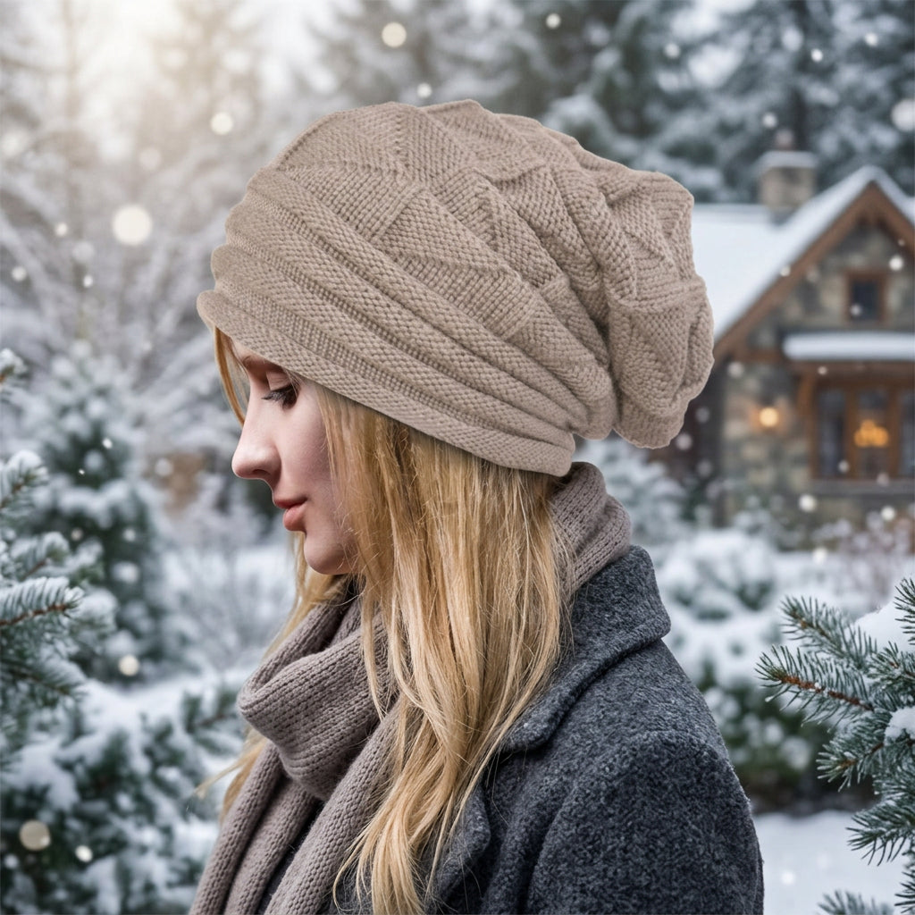 Wool Pleated Cuffed Knit Beanie – Flat Top Grid Pattern Winter Hat