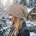 Wool Pleated Cuffed Knit Beanie – Flat Top Grid Pattern Winter Hat