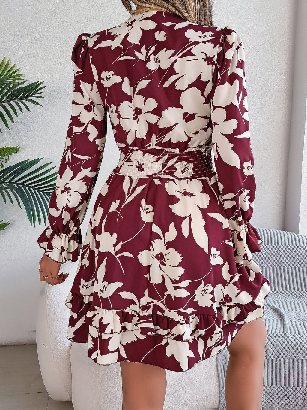 Floral Ruffled Long Sleeve Midi Dress in Lilac Maroon Green Cream