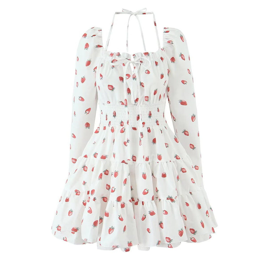 Summer French Sweet Girl Casual Strawberry Printed Square Collar Puff Sleeve Waist Tight Dress
