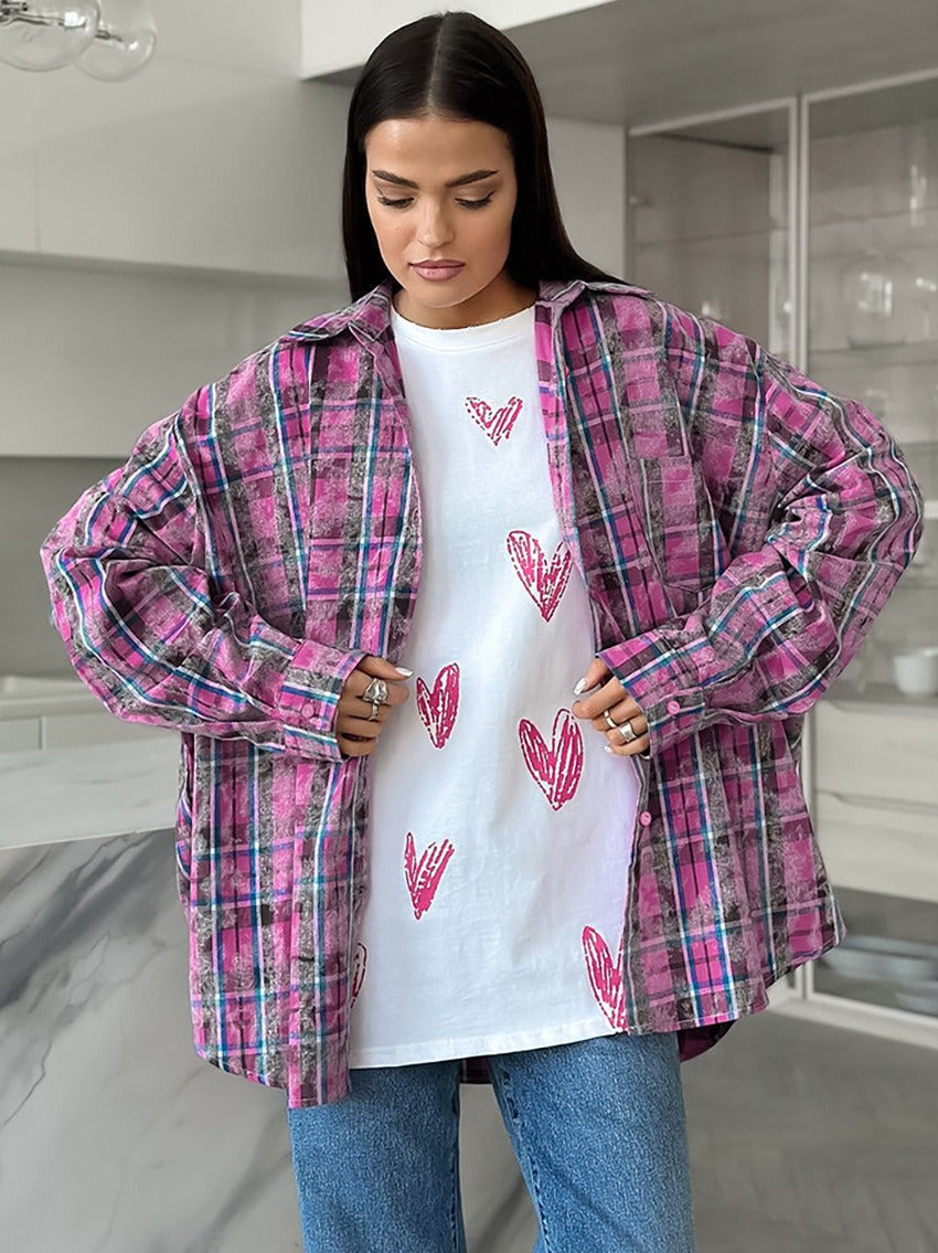 Woman wearing a pink and dark plaid long-sleeve pure cotton loose-fit button-down shirt over a white tee.