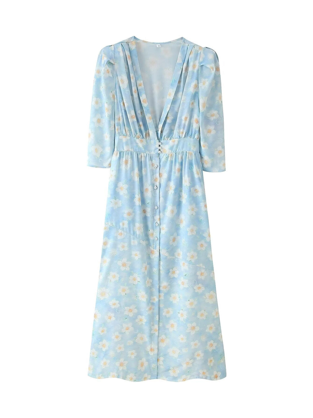 Summer Women Clothing Refined Stylish Simple V neck Printed Puff Sleeve Pearl Buckle Dress
