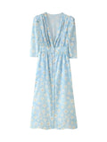 Summer Women Clothing Refined Stylish Simple V neck Printed Puff Sleeve Pearl Buckle Dress