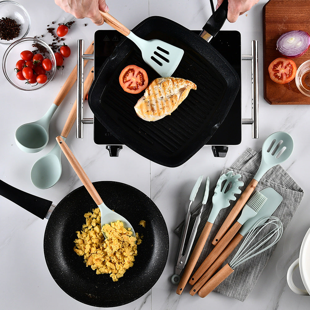 Aqua Storage Bucket with Wooden Handle Silicone Cookware Set